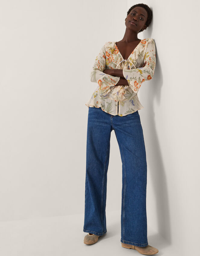 Jesse Sheer Frill Floral Blouse, Ivory (IVORY), large