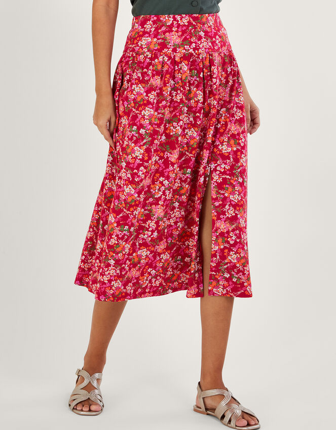 Ditsy Floral Print Skirt in Linen Blend, Red (RED), large