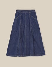Harper Godet Denim Midi Skirt , Blue (INDIGO), large