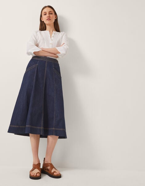Harper Seamed Denim Midi Skirt, Blue (INDIGO), large