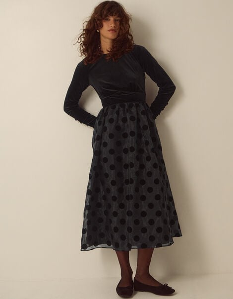 Viana Polka Dot Velvet Midi Dress, Black (BLACK), large