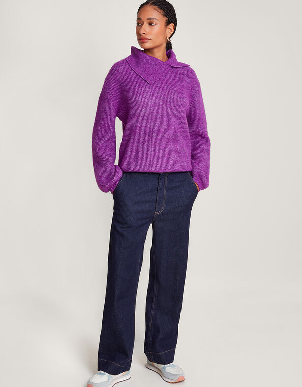 Super-Soft Rib Splice Neck Jumper with Recycled Polyester, Purple (PURPLE), large