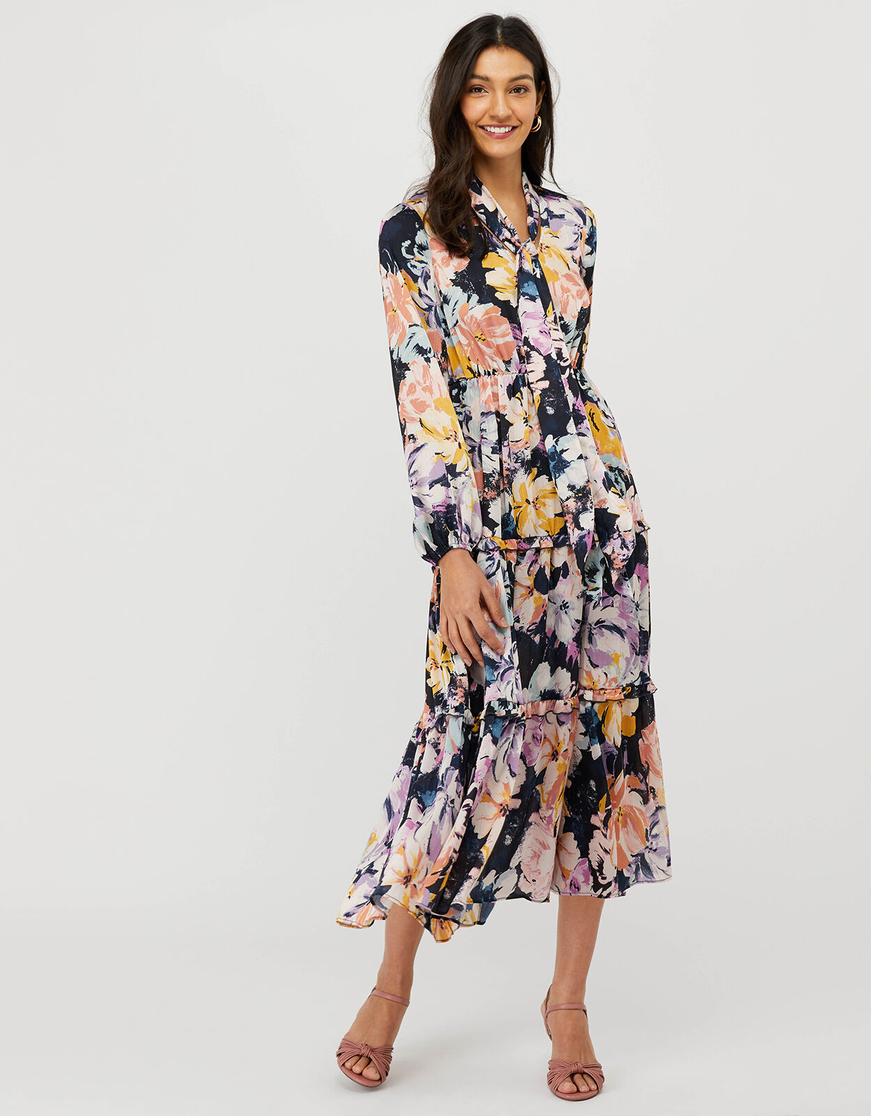 Marie Sustainable Floral Satin Midi Dress Blue