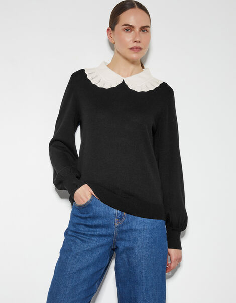 Cleo Pointelle Collar Jumper, Black (BLACK), large