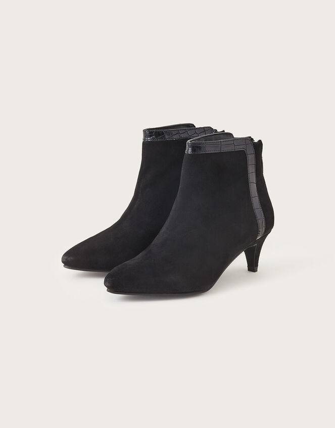 Leather Zip Back Kitten Heel Boots, Black (BLACK), large