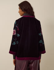 Agnes Floral Cross Stitch Embroidered Velvet Kimono Jacket, Black (BLACK), large