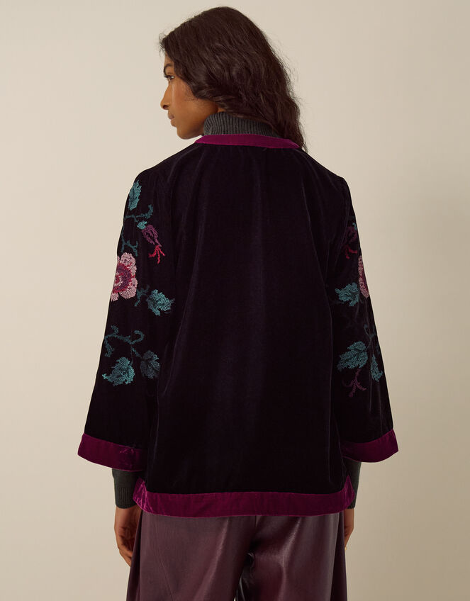 Agnes Floral Cross Stitch Embroidered Velvet Kimono Jacket, Black (BLACK), large