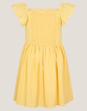 Stripe Shirred Lace Trim Dress, Yellow (YELLOW), large