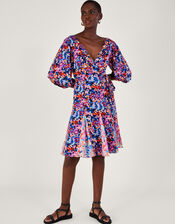 Palmer Print Pleated Dress, Blue (BLUE), large