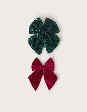 2-Pack Velvet and Sequin Christmas Bow Hair Clips, , large