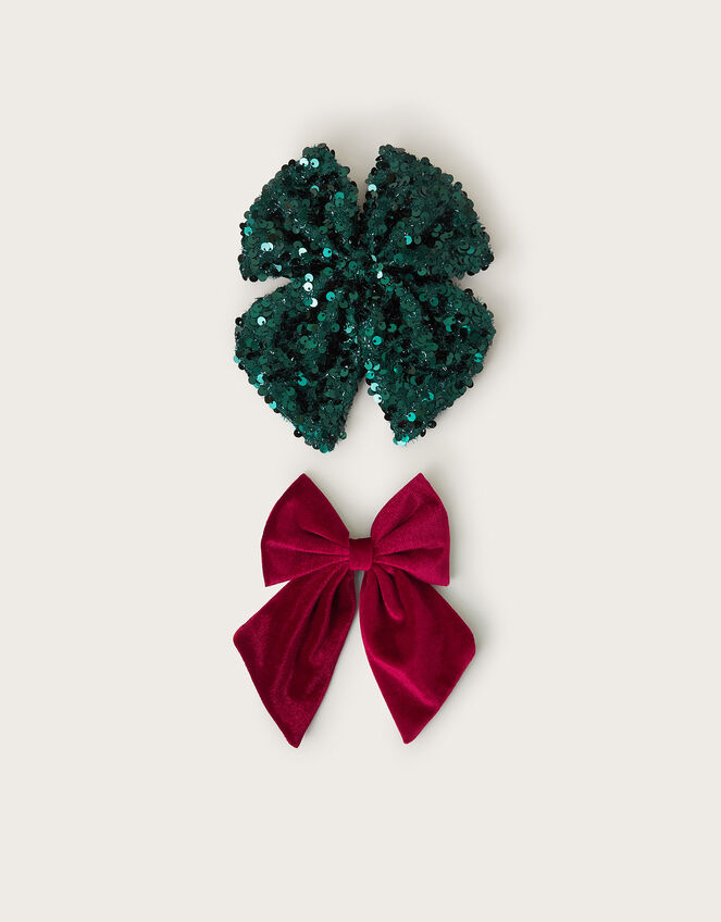 2-Pack Velvet and Sequin Christmas Bow Hair Clips, , large