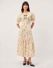 Sienna Frill Neck Floral Midi Dress, Ivory (IVORY), large