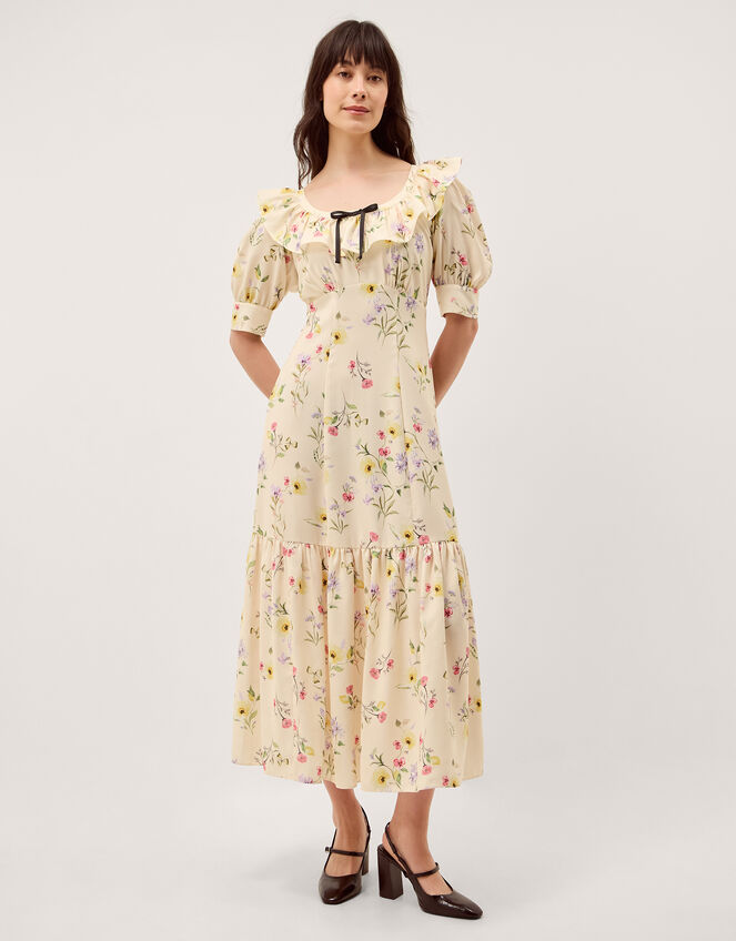 Sienna Frill Neck Floral Midi Dress, Ivory (IVORY), large