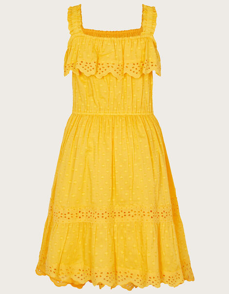 Broderie Trim Strappy Dobby Dress, Yellow (YELLOW), large