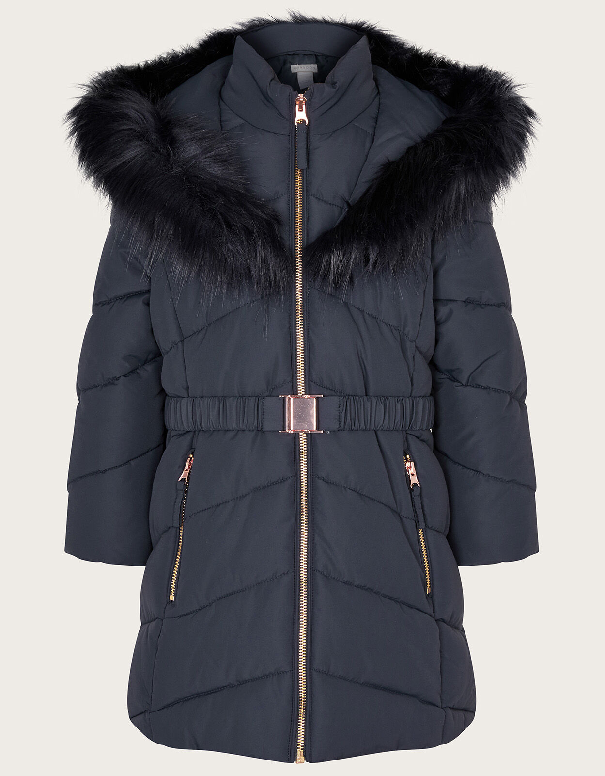 Belted Faux Fur Hooded Coat Blue