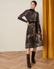 Mixed Print Jacquard Dress, Black (BLACK), large