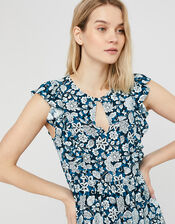 Loana Floral Frill Midi Dress, Blue (BLUE), large