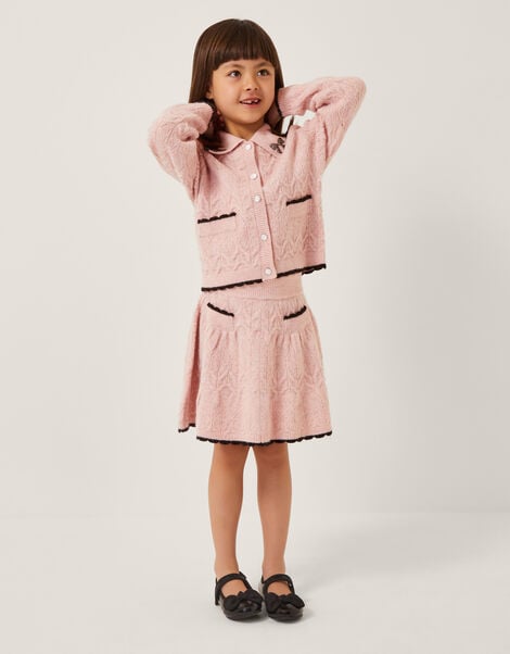 Bow Collar Cardigan & Knit Skirt Set, Pink (PINK), large