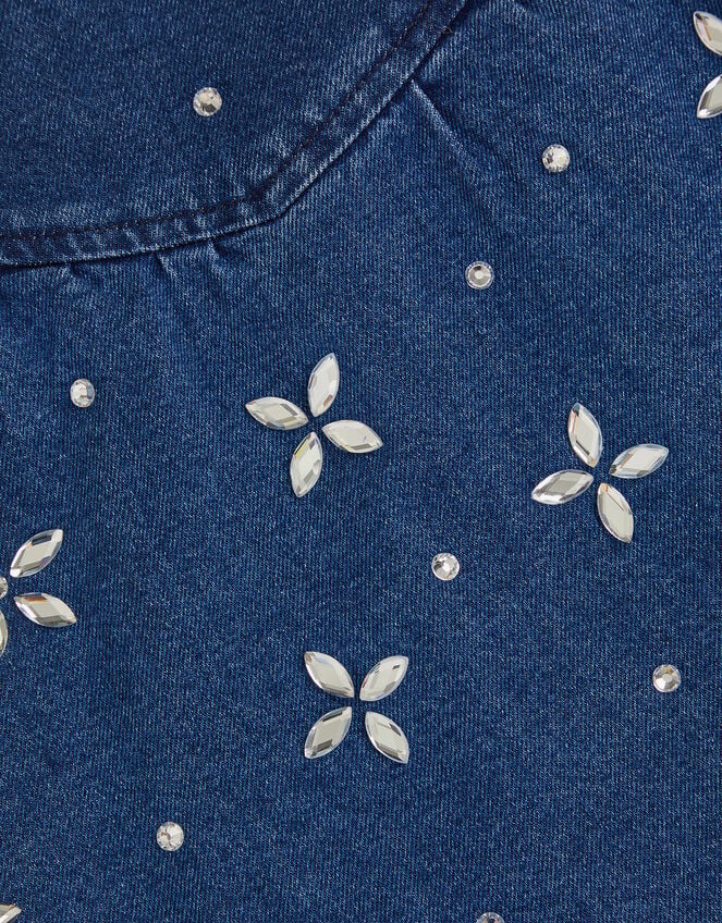 Jewel Flower Denim Skirt, Blue (BLUE), large