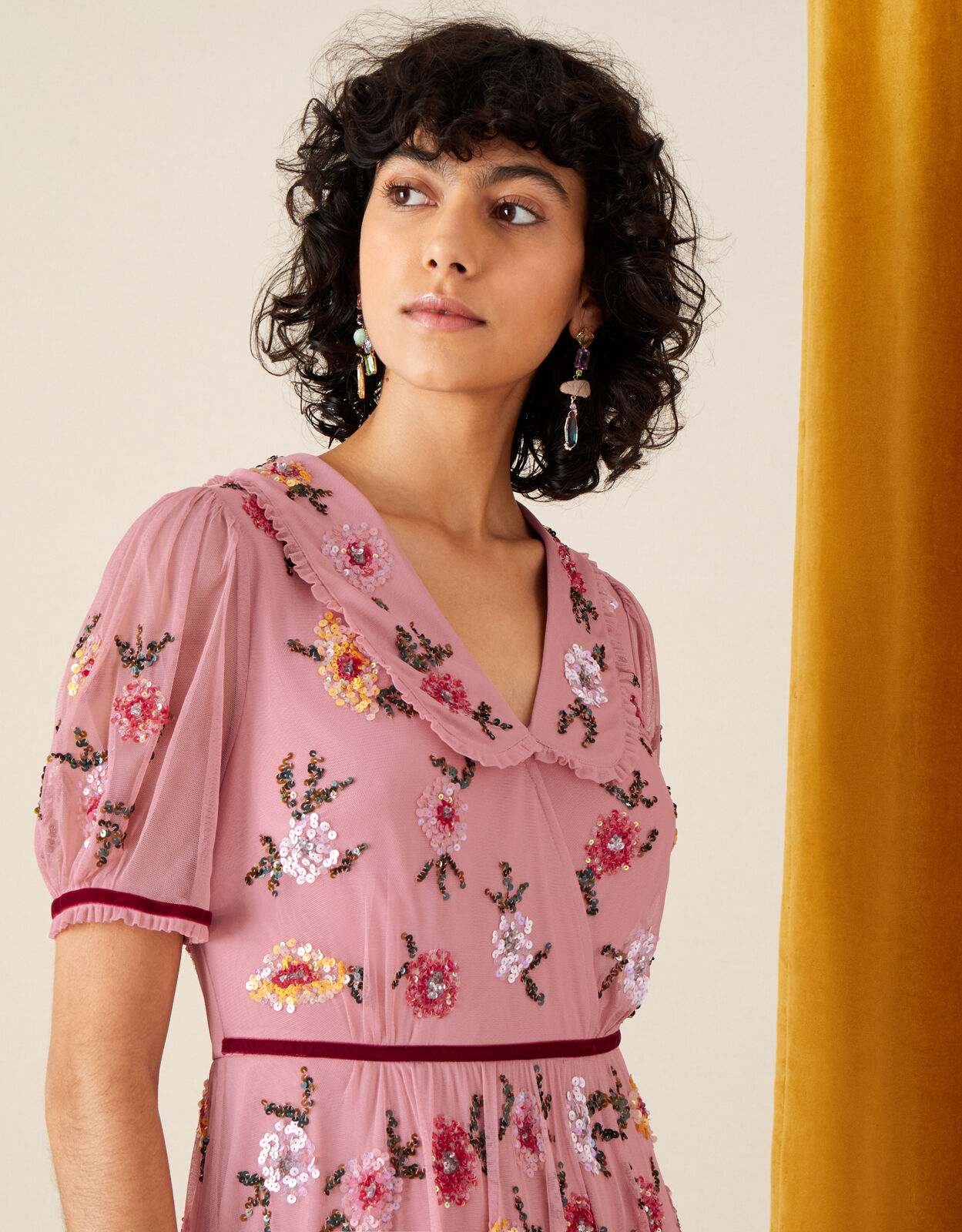 Charlotte Embellished Midi Dress in Recycled Fabric Pink