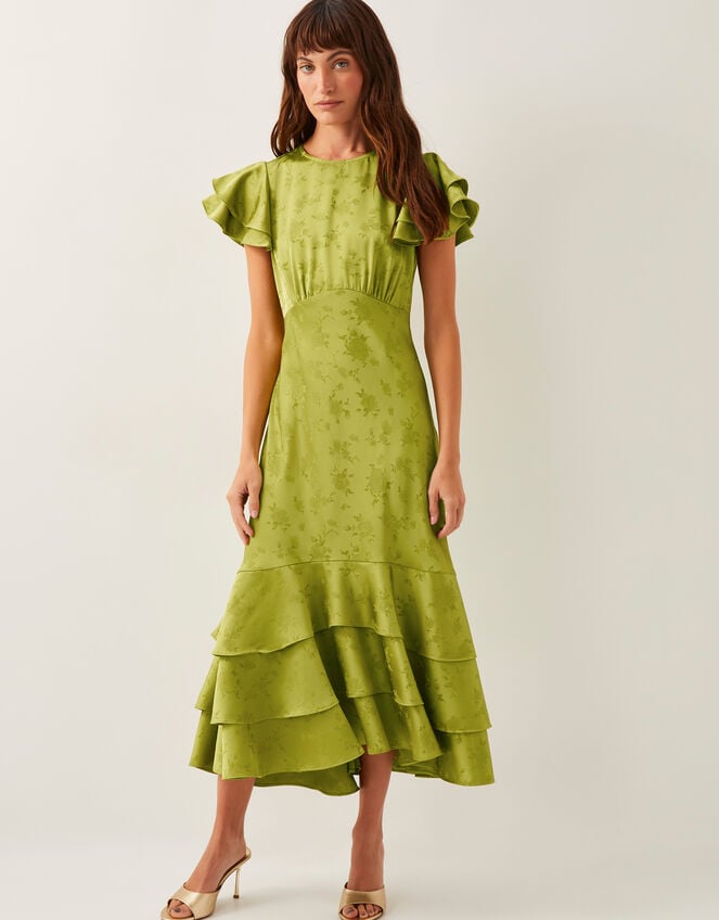 Ester Satin Ruffle Midi Dress, Green (OLIVE), large