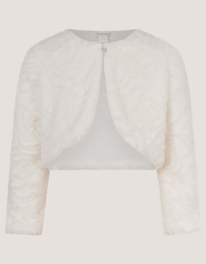 Rose Textured Faux Fur Cardigan, Ivory (IVORY), large