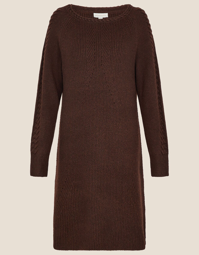 Cosy Cable Crew Neck Knit Dress, Brown (CHOCOLATE), large