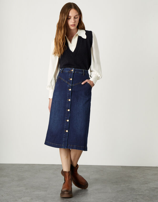 Denim Button Through Midi Skirt Blue