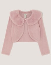 Faux Fur Collar Cardigan, Pink (DUSKY PINK), large