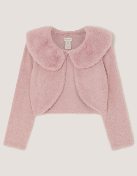 Faux Fur Collar Cardigan, Pink (DUSKY PINK), large