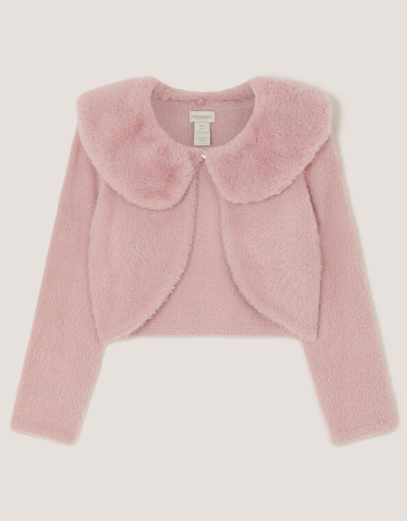 Faux Fur Collar Cardigan, Pink (DUSKY PINK), large