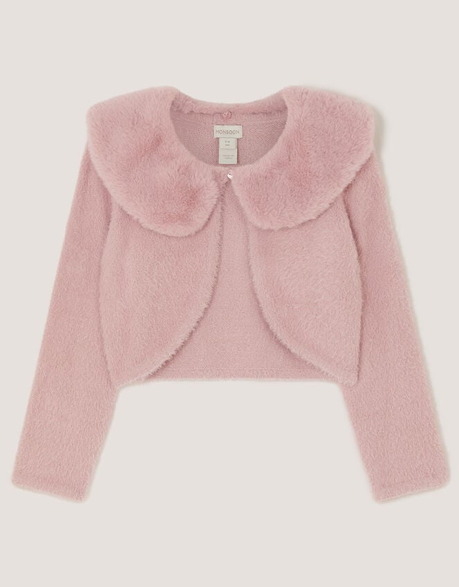 Faux Fur Collar Cardigan, Pink (DUSKY PINK), large