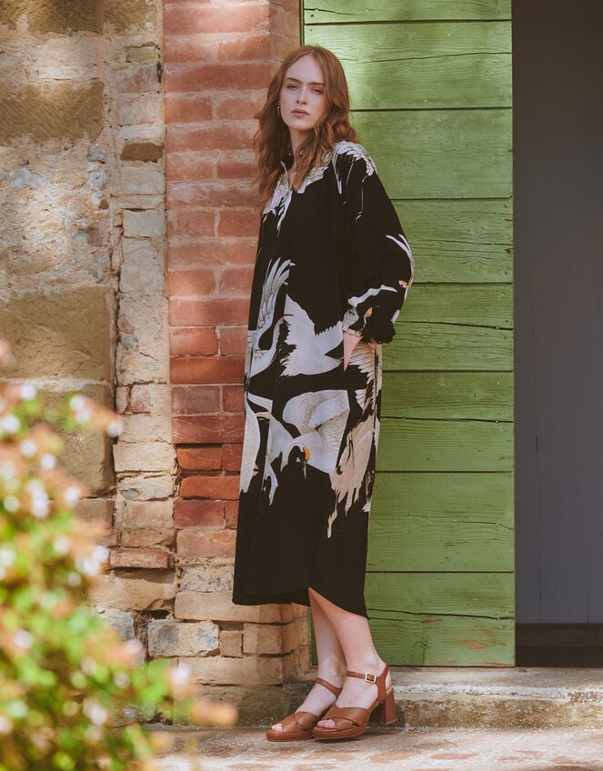 One Hundred Stars Stork Print Midi Dress, Black (BLACK), large