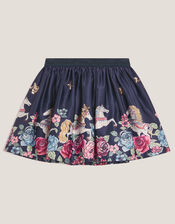Floral Horse Print Satin Skirt, Blue (NAVY), large