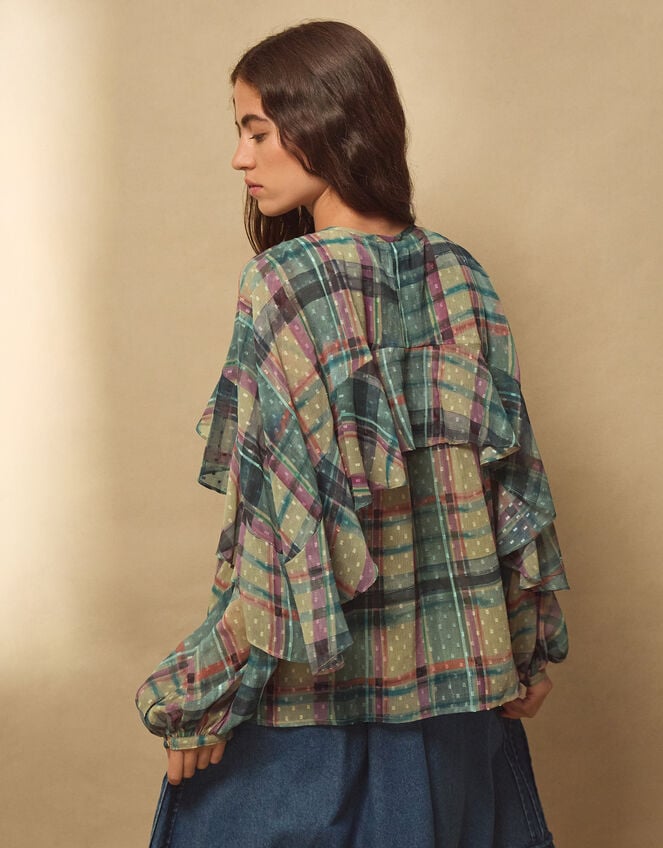 East Clarissa Hand-Painted Check Print Blouse, Teal (TEAL), large