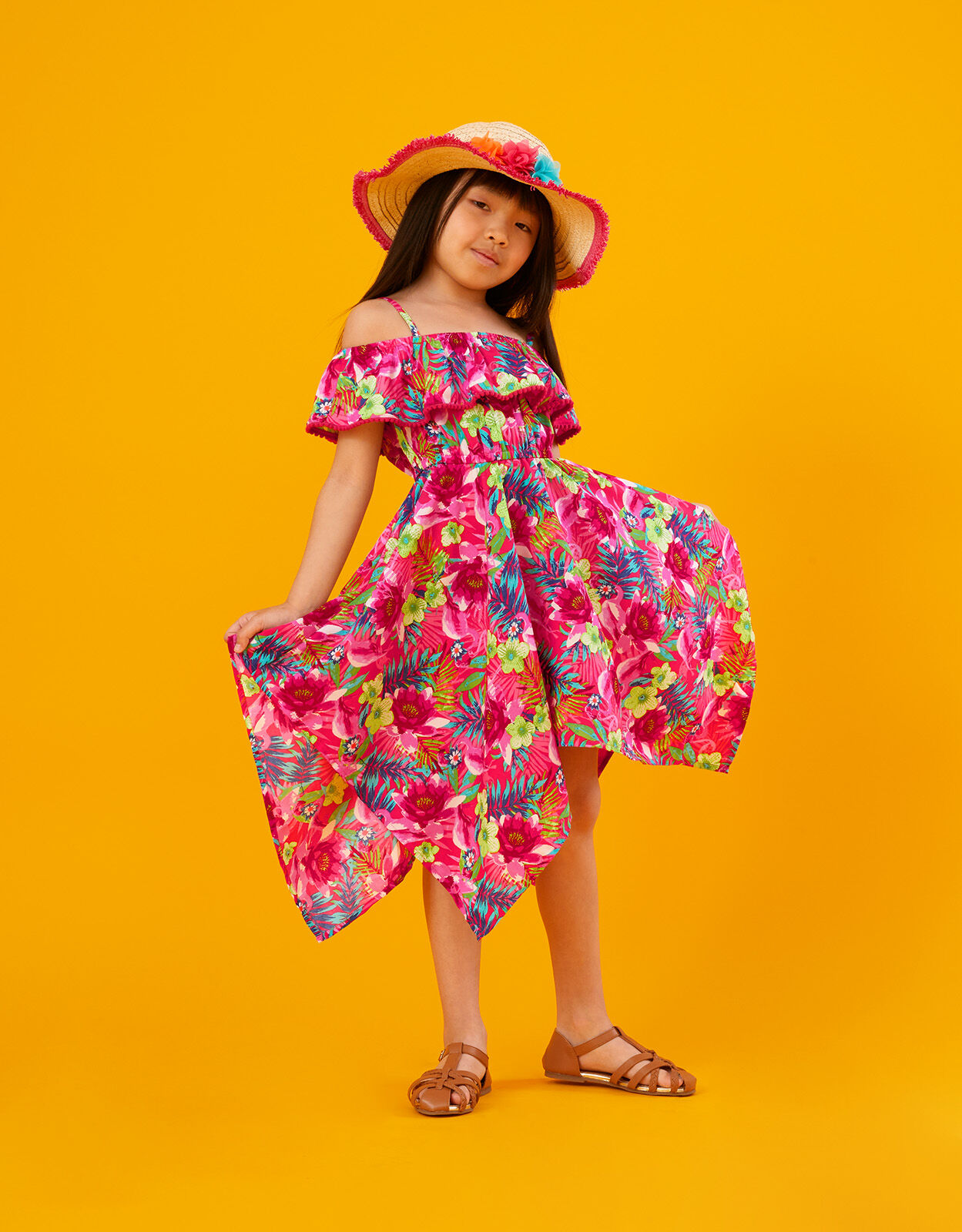Tropical Floral Hanky Hem Dress Red