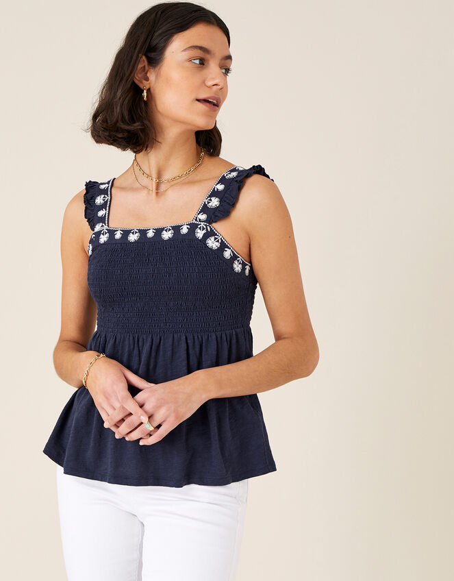 Simmi Floral Embroidered Shirred Top, Blue (NAVY), large