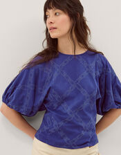 Ellie Puff Sleeve Embroidered Jersey Top, Blue (NAVY), large