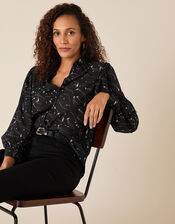Star Print Embroidered Blouse, Black (BLACK), large