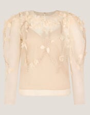 Gwen Floral Appliqu&eacute; Organza Top, Cream (CREAM), large