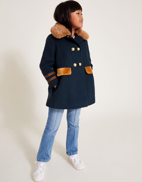 Military Faux Fur Trim Coat, Blue (NAVY), large