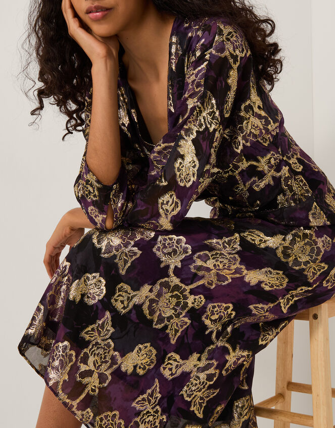 Georgie Metallic Floral Midi Dress, Purple (PURPLE), large