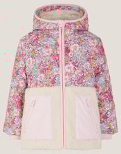 Floral Faux Shearling Hooded Jacket, Pink (PINK), large
