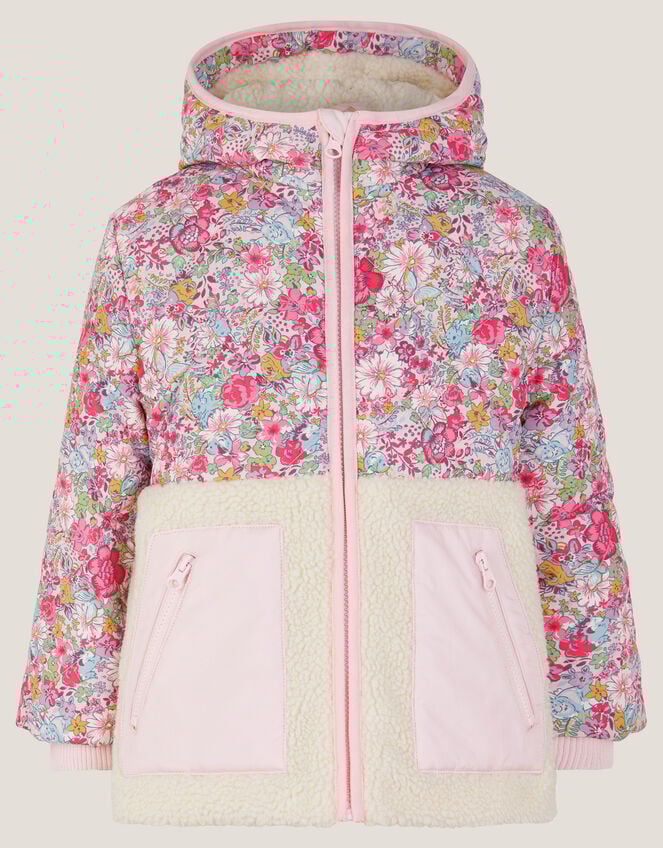 Floral Faux Shearling Hooded Jacket, Pink (PINK), large