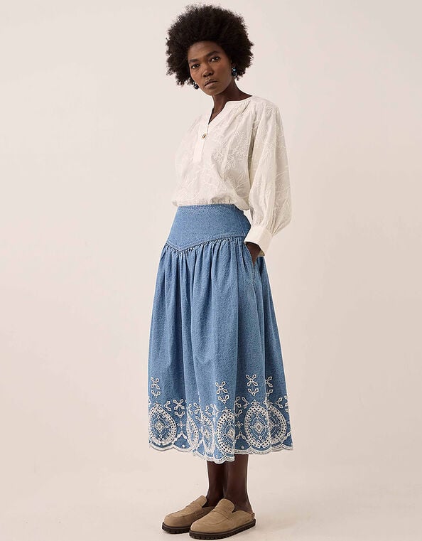 East Coralie Denim Broderie Skirt, Blue (BLUE), large