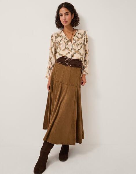 Macy A-Line Faux Suede Midi Skirt, DARK BROWN, large