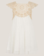 Baby Estella Embroidered Tulle Dress, Gold (GOLD), large