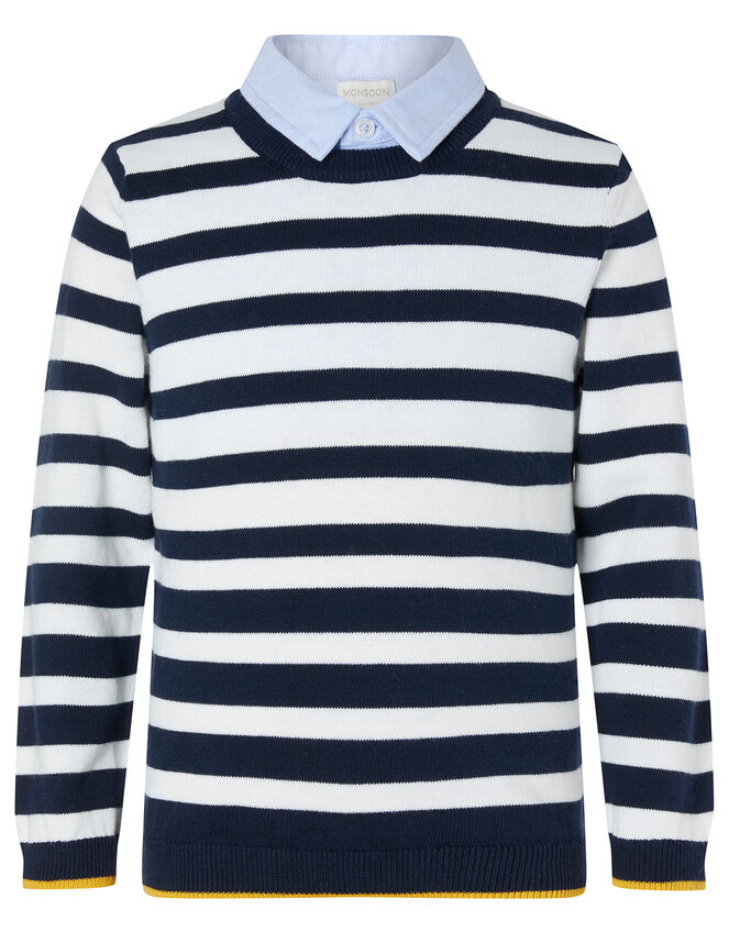Stripe Knit Jumper with Collar, Blue (NAVY), large