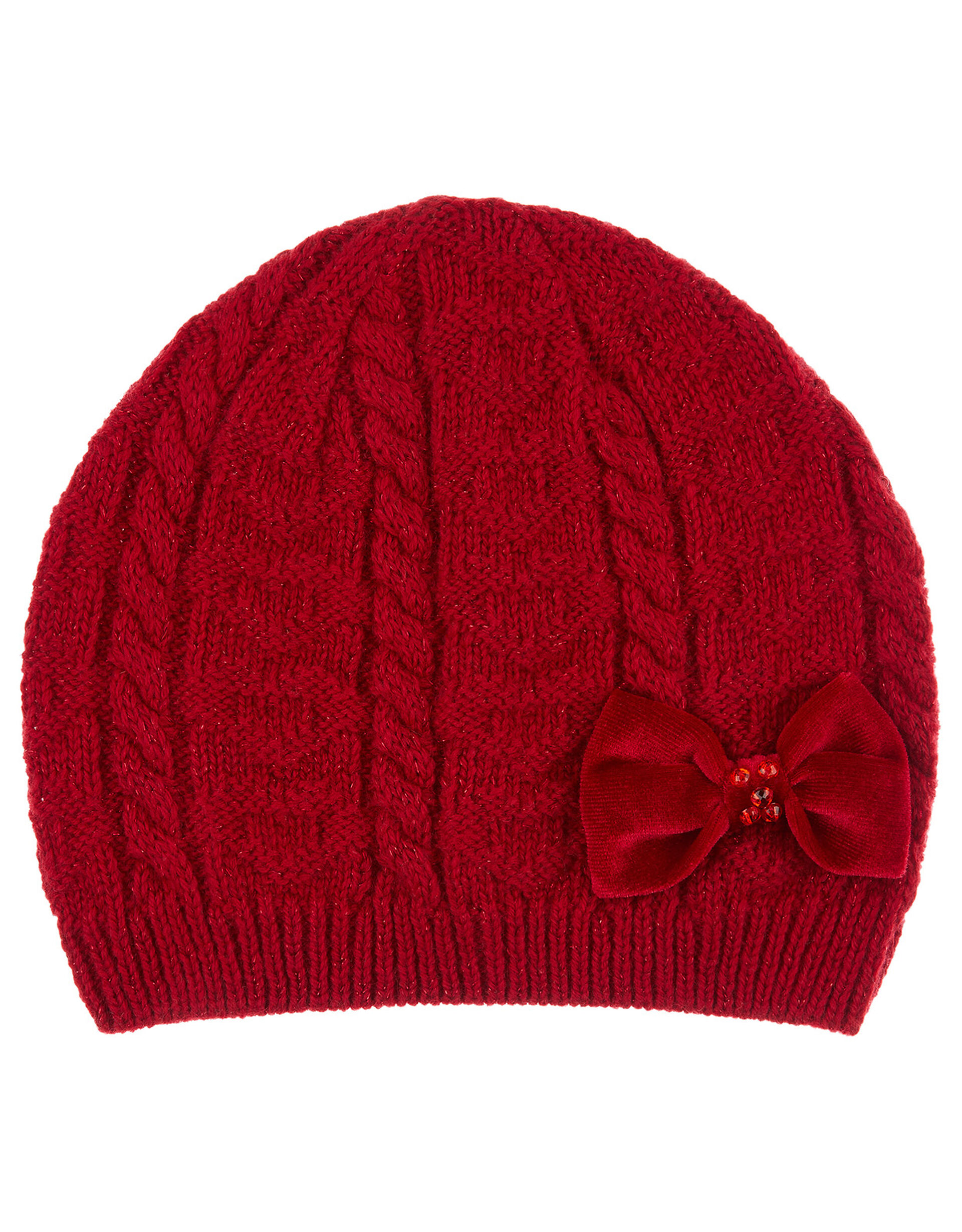 Ruby Bow Cable Knit Beanie, Red (RED), large
