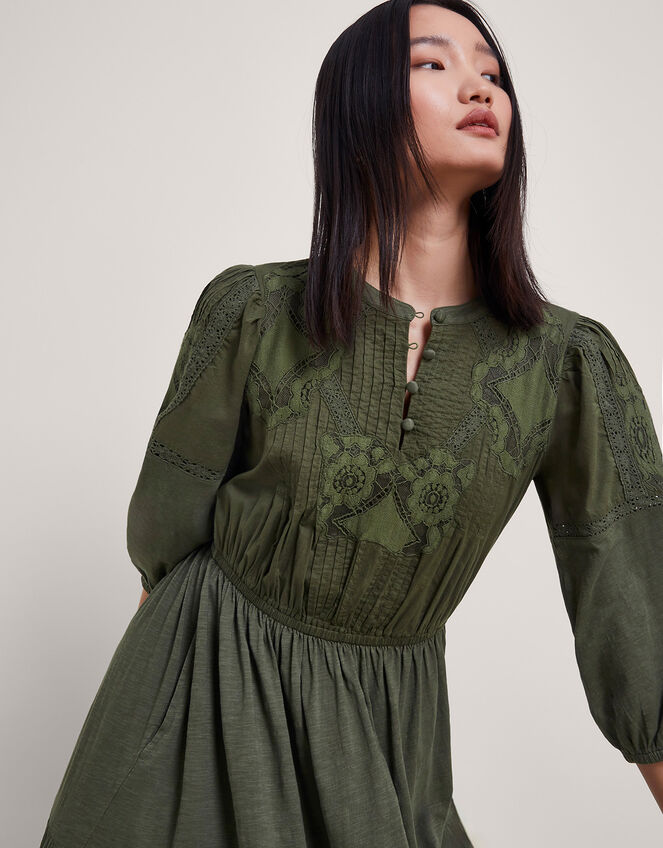 Larissa Lace Trim Dress, Green (KHAKI), large